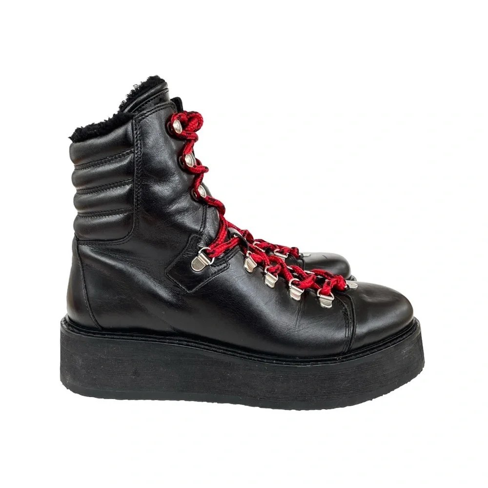 ALLSAINTS Fae Lace-Up Winter Hiker Boots, Black Leather, Red Laces, Wedge, EU 38 - Picture 4 of 10